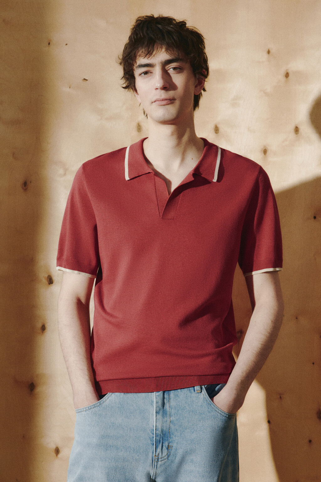 Футболка-поло вязаная с контрастной окантовкой - цвет красный - 3