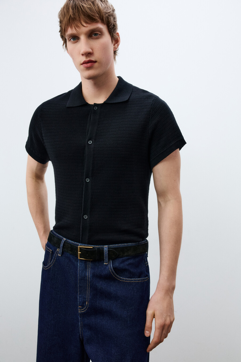 Рубашка вязаная с коротким рукавом - цвет черный - 1