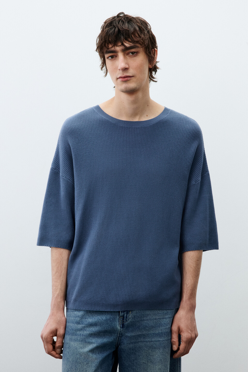 Футболка свободная из вязаного трикотажа  - цвет голубой - 3