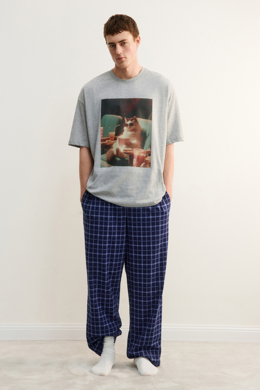 Брюки домашние хлопковые с принтом - цвет синий - 5