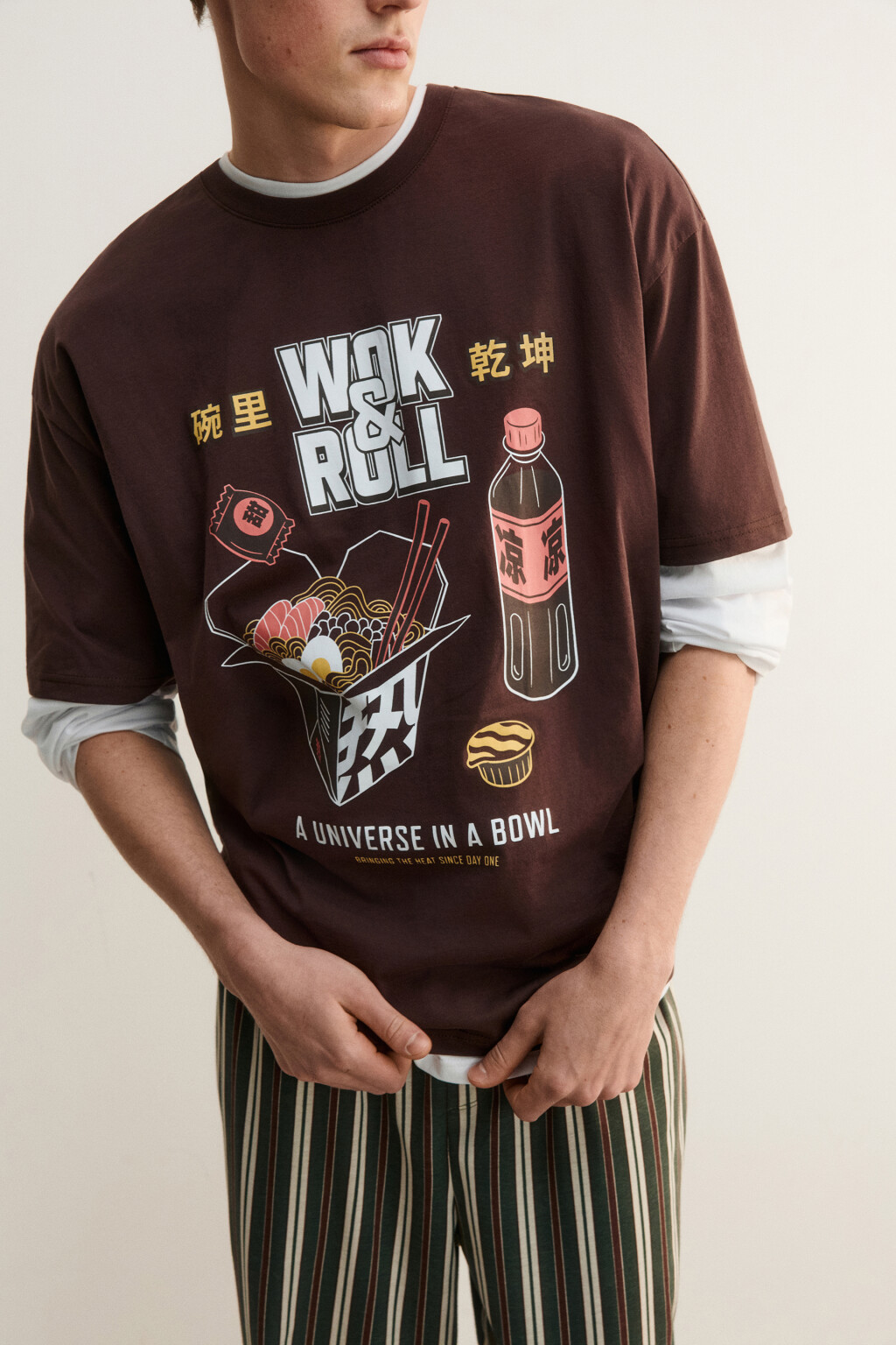 Футболка хлопковая домашняя с принтом - цвет коричневый - 1