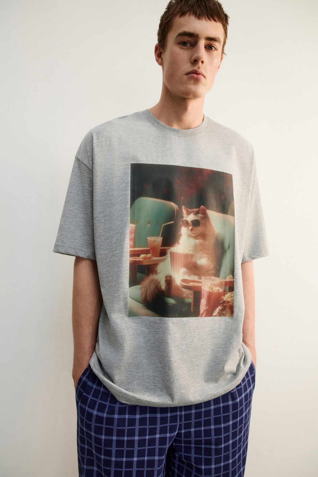 Футболка хлопковая домашняя с принтом - цвет серый - 1