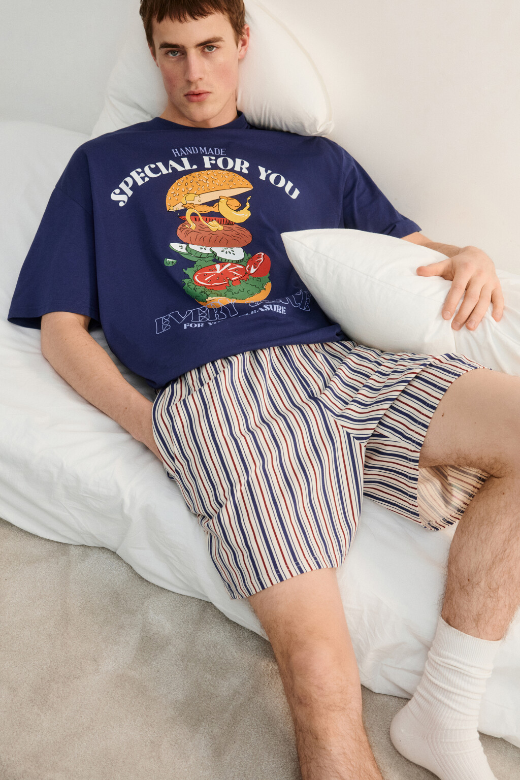 Футболка хлопковая домашняя с принтом - цвет синий - 1