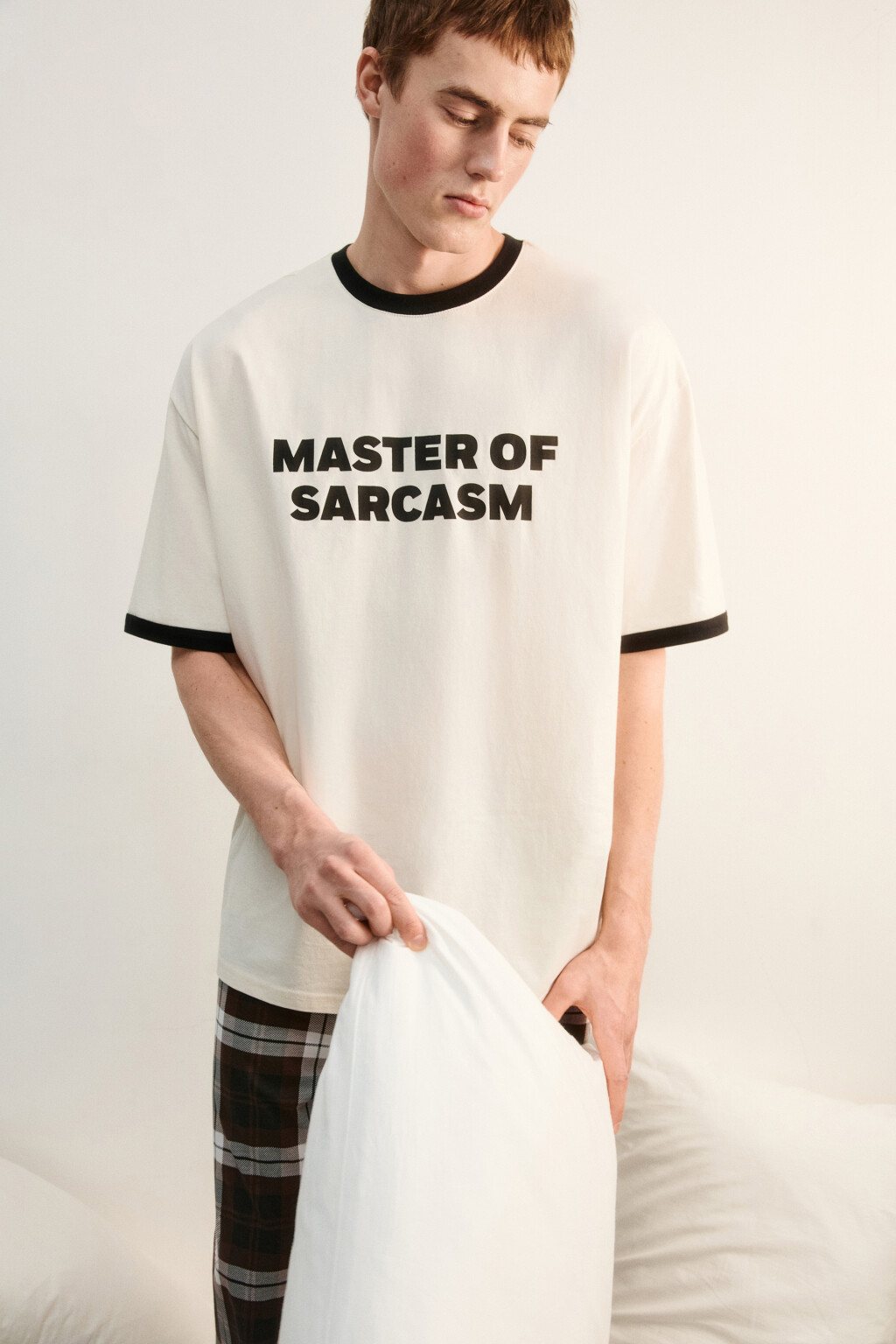 Футболка хлопковая домашняя с принтом - цвет бежевый - 1