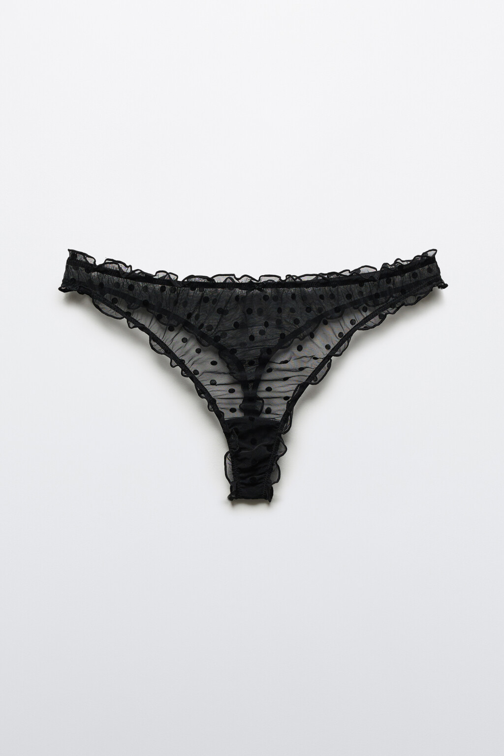 Трусы-стринги сетчатые с оборками и принтом - цвет черный - 1