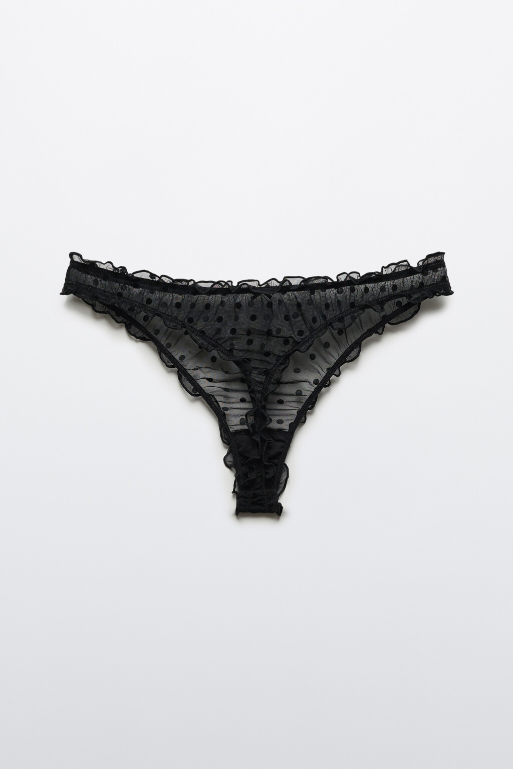 Трусы-стринги сетчатые с оборками и принтом - цвет черный - 2