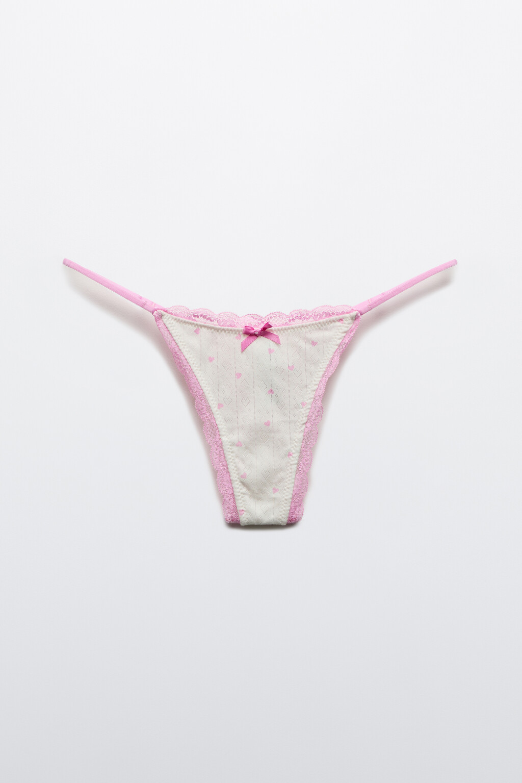 Трусы-стринги в рубчик с кружевом и бантиком - цвет розовый - 1