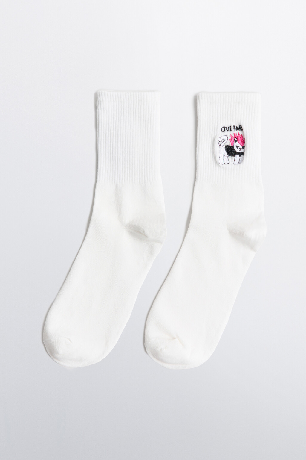 Носки высокие в рубчик с вышивкой-котом - цвет белый - 1