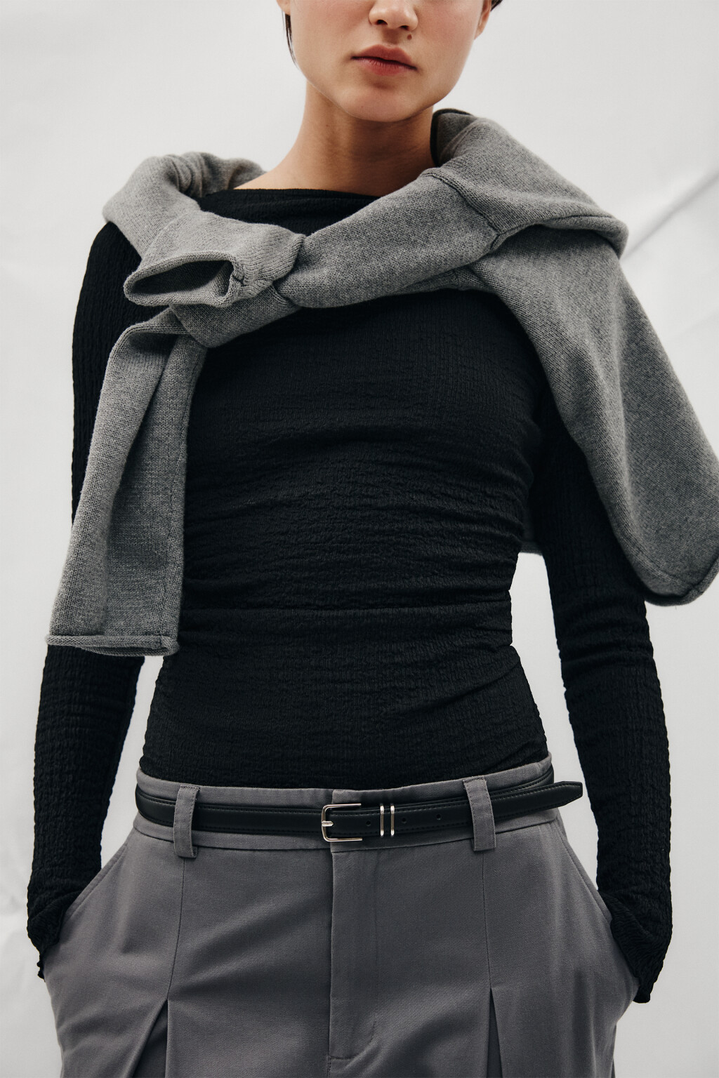 Ремень узкий с квадратной пряжкой - цвет черный - 1