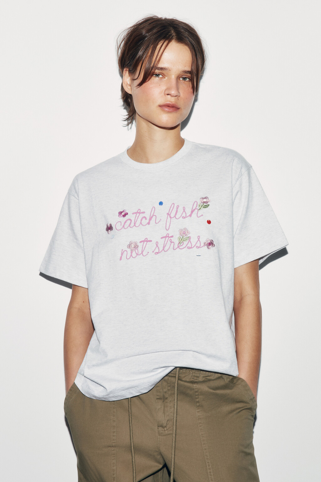 Футболка оверсайз хлопковая с вышивкой - цвет серый - 2