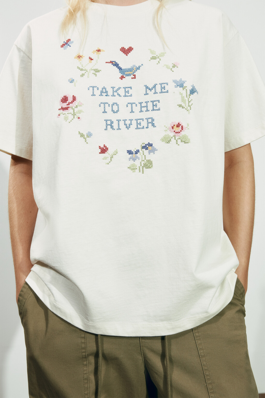 Футболка оверсайз хлопковая с вышивкой - цвет бежевый - 5