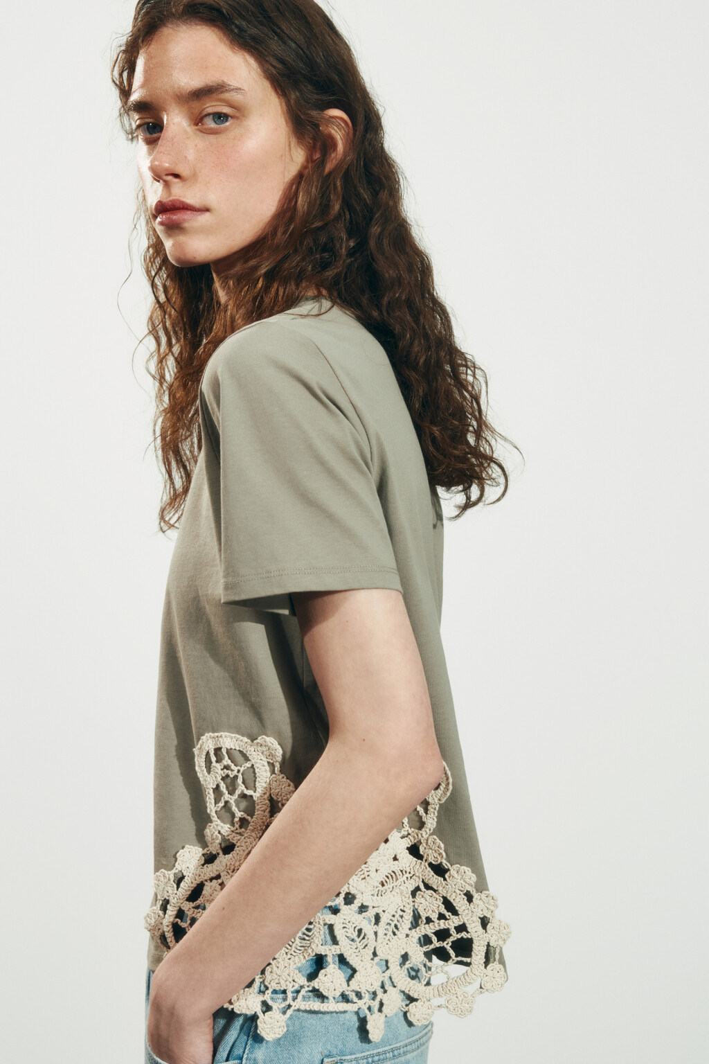 Футболка хлопковая с вязаной отделкой - цвет зеленый - 1