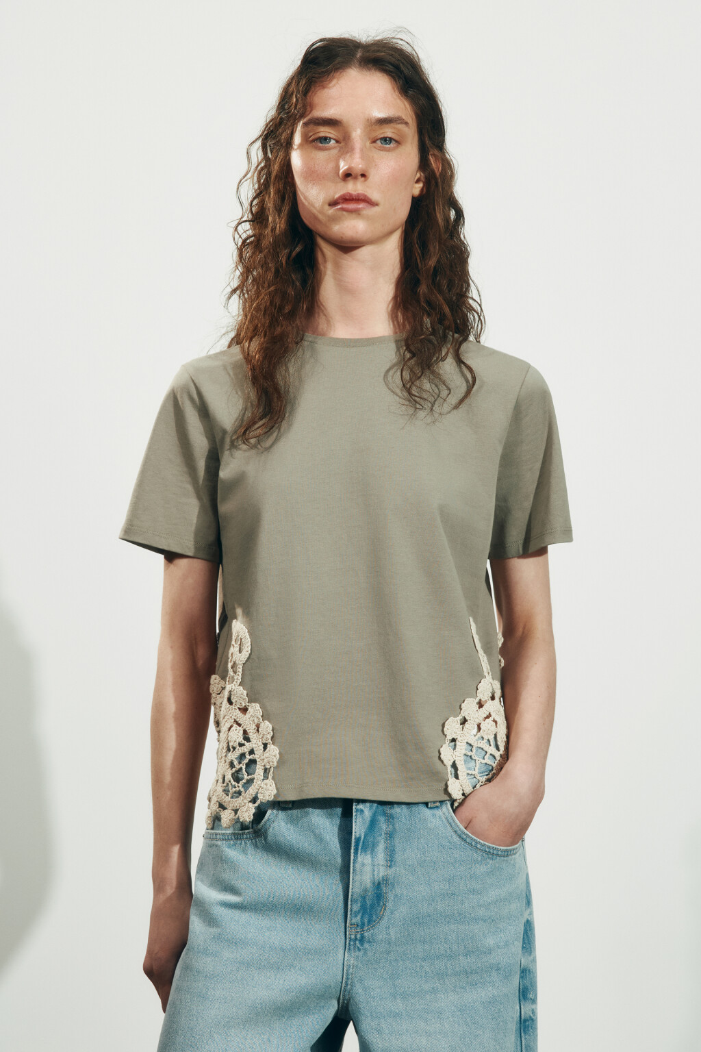 Футболка хлопковая с вязаной отделкой - цвет зеленый - 2