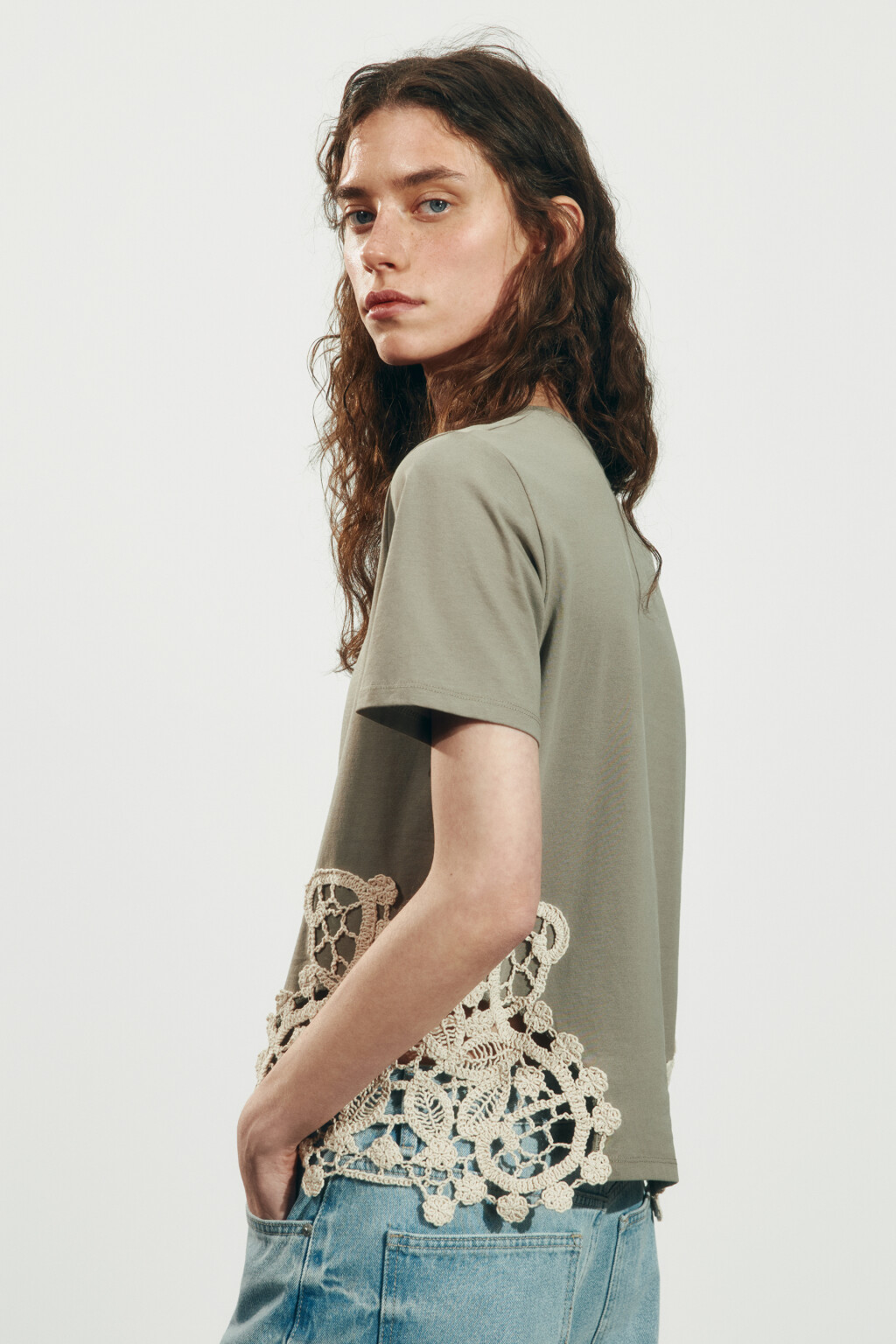 Футболка хлопковая с вязаной отделкой - цвет зеленый - 3