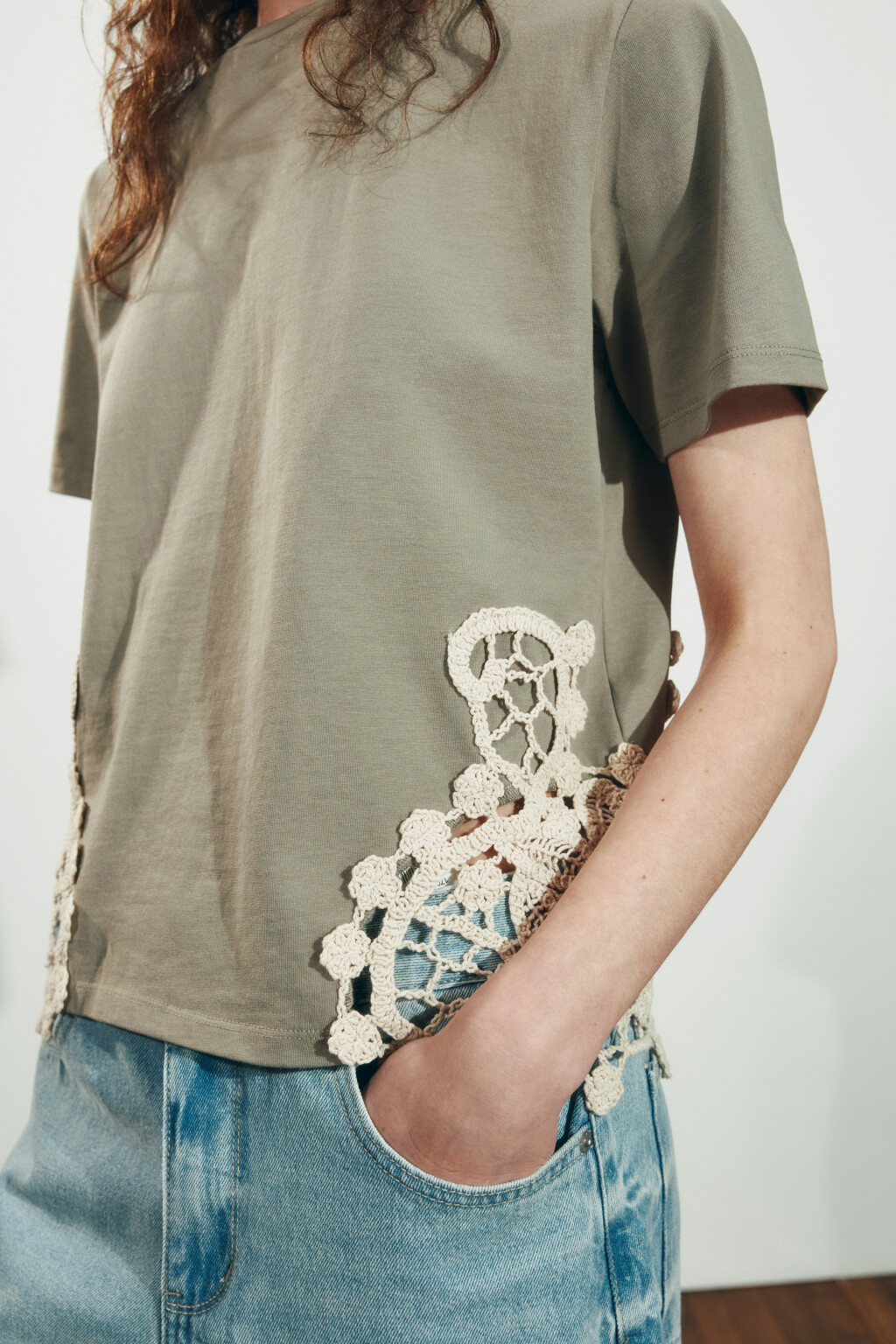 Футболка хлопковая с вязаной отделкой - цвет зеленый - 5