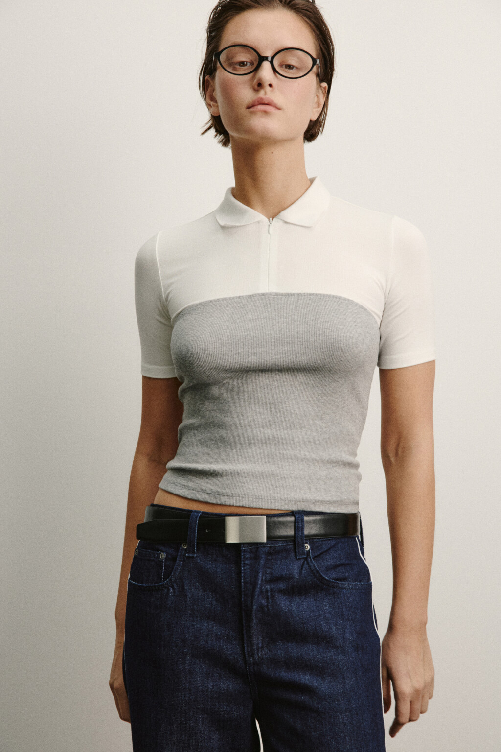 Футболка-поло на молнии с топом - цвет серый - 1