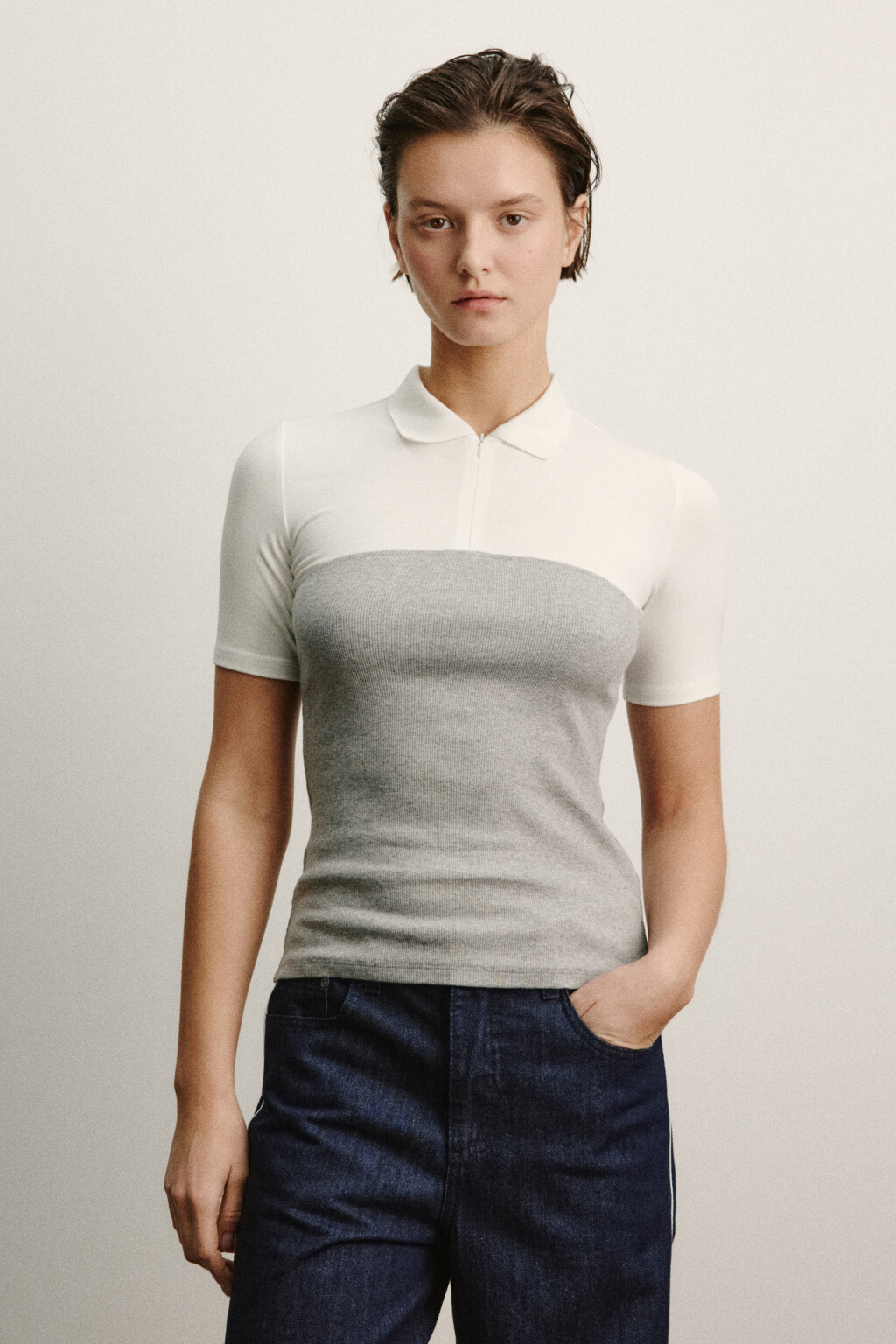 Футболка-поло на молнии с топом - цвет серый - 2