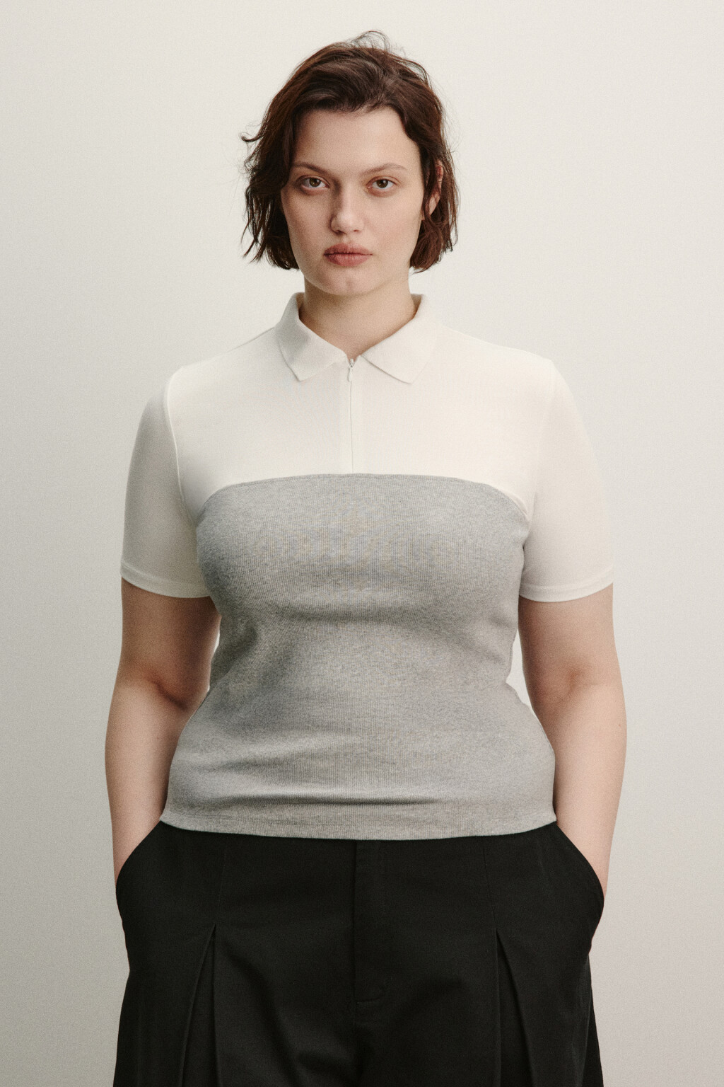 Футболка-поло на молнии с топом - цвет серый - 2