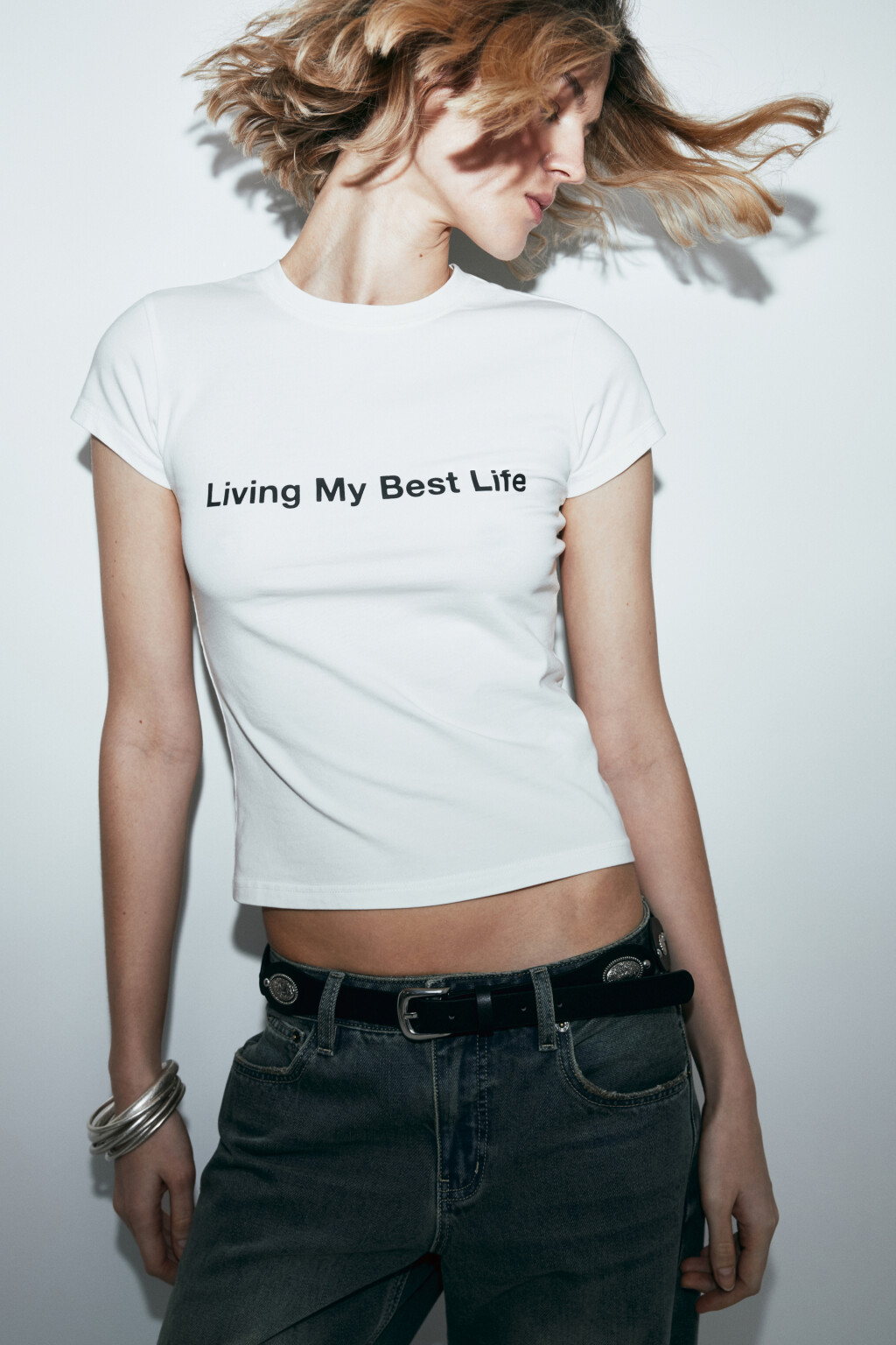 Футболка-топ хлопковая облегающая с принтом - цвет белый - 1