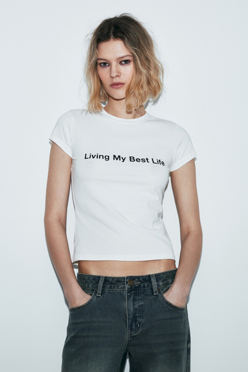 Футболка-топ хлопковая облегающая с принтом - цвет белый - 3