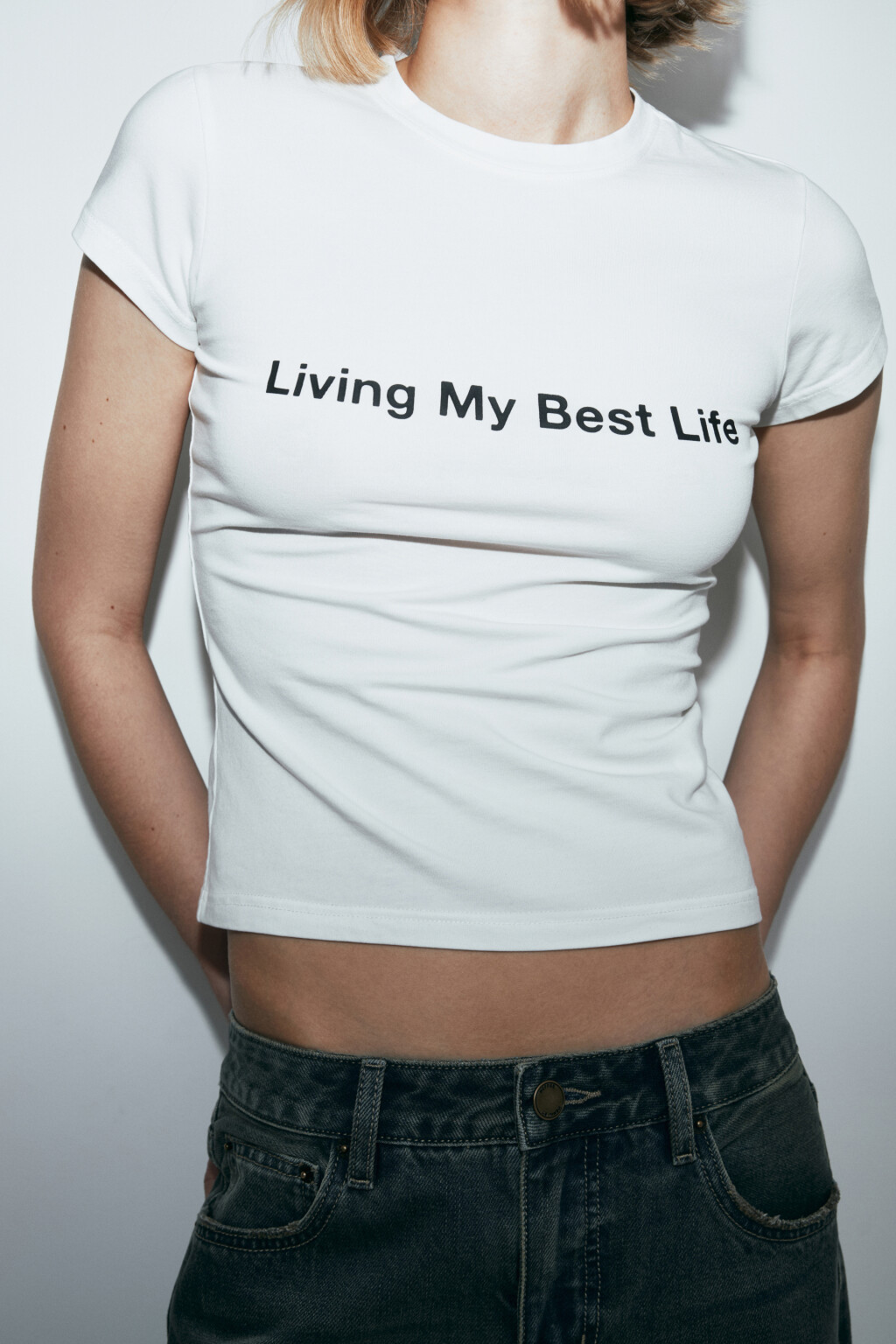 Футболка-топ хлопковая облегающая с принтом - цвет белый - 6