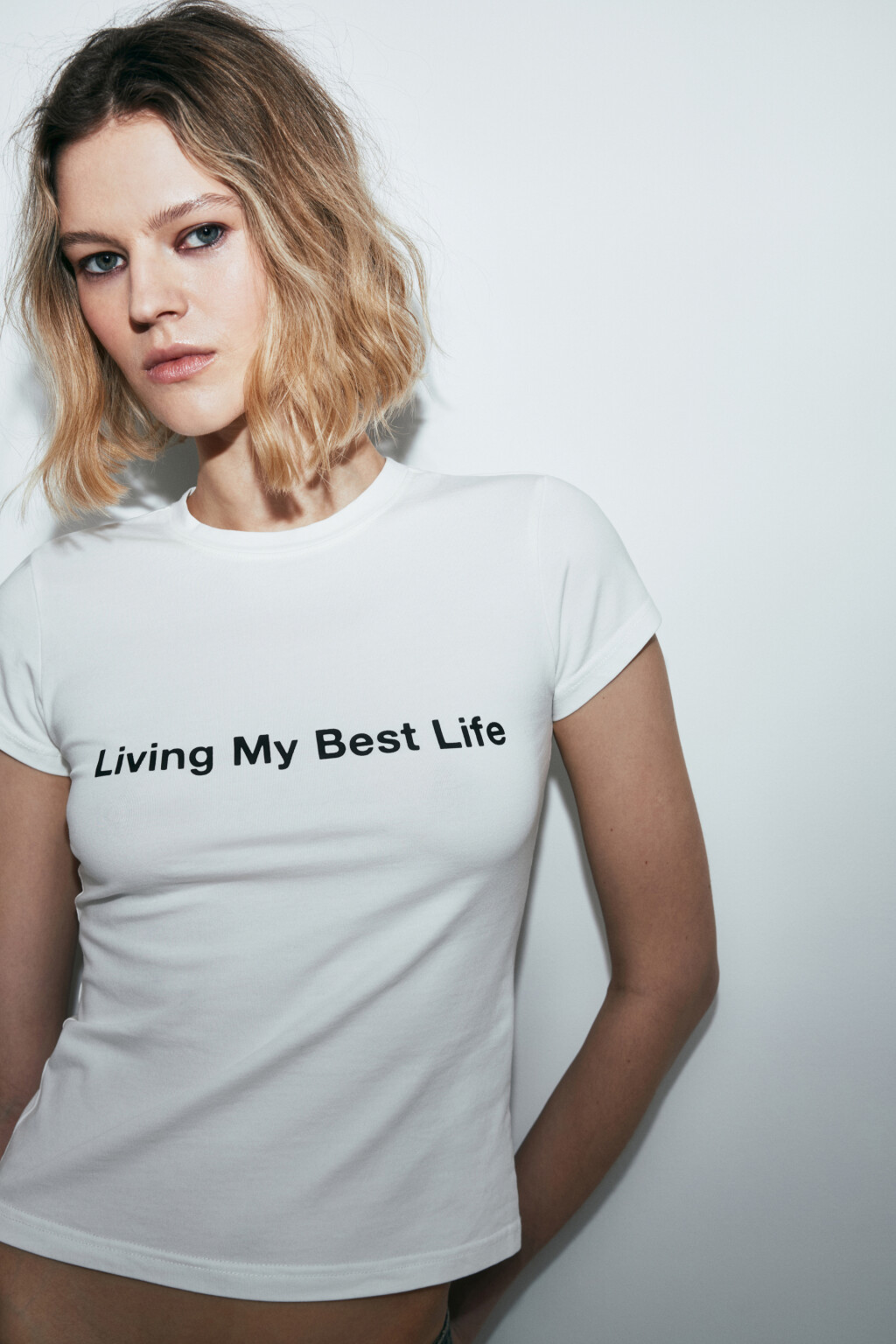 Футболка-топ хлопковая облегающая с принтом - цвет белый - 7