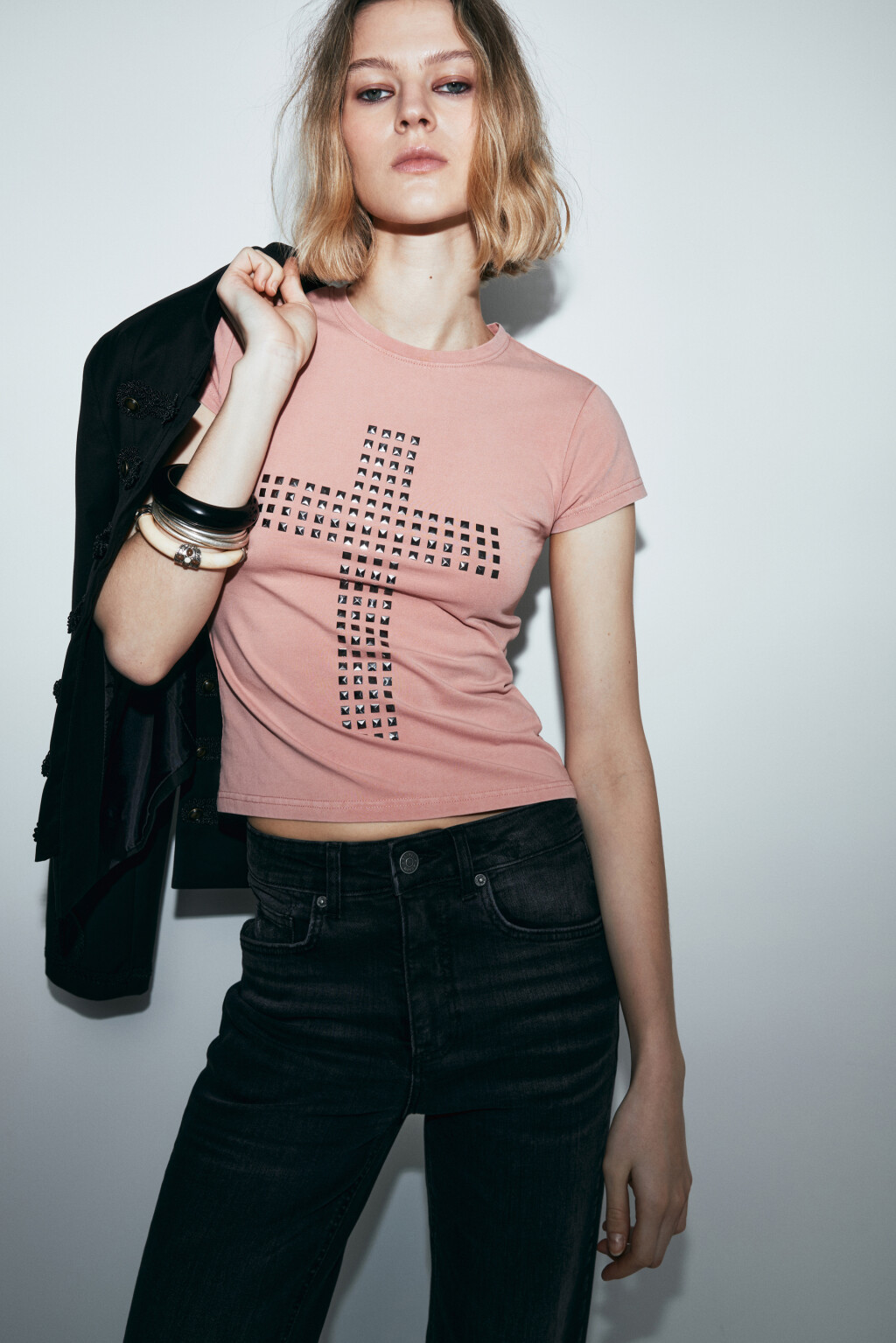 Футболка-топ хлопковая облегающая с принтом - цвет розовый - 1