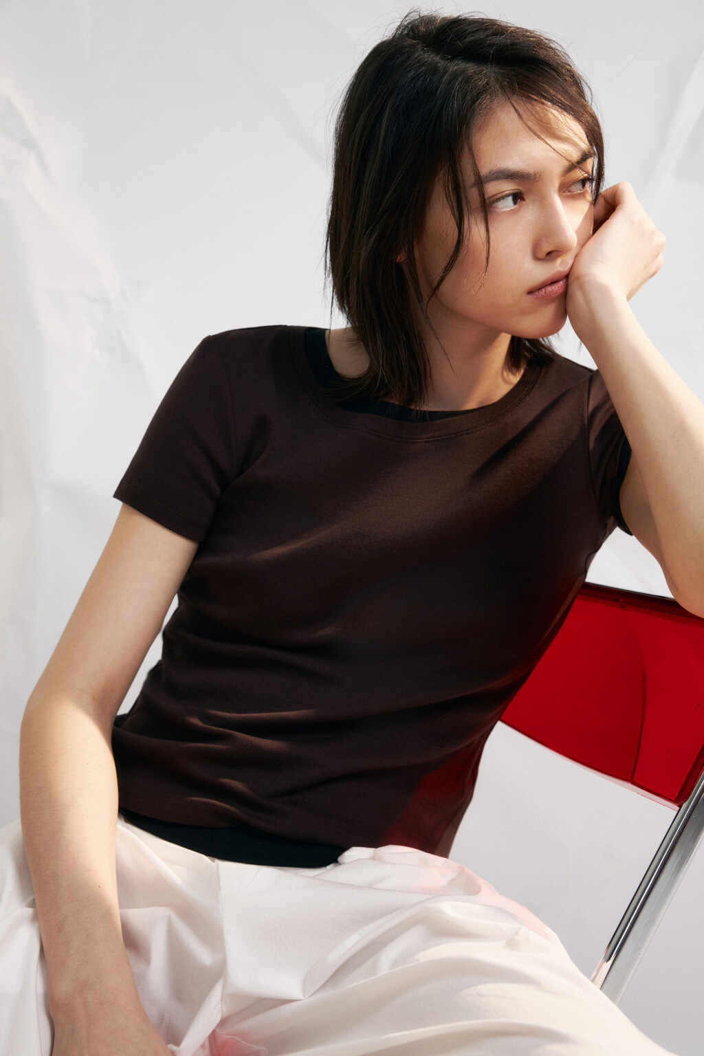 Футболка облегающая хлопковая базовая - цвет коричневый - 1