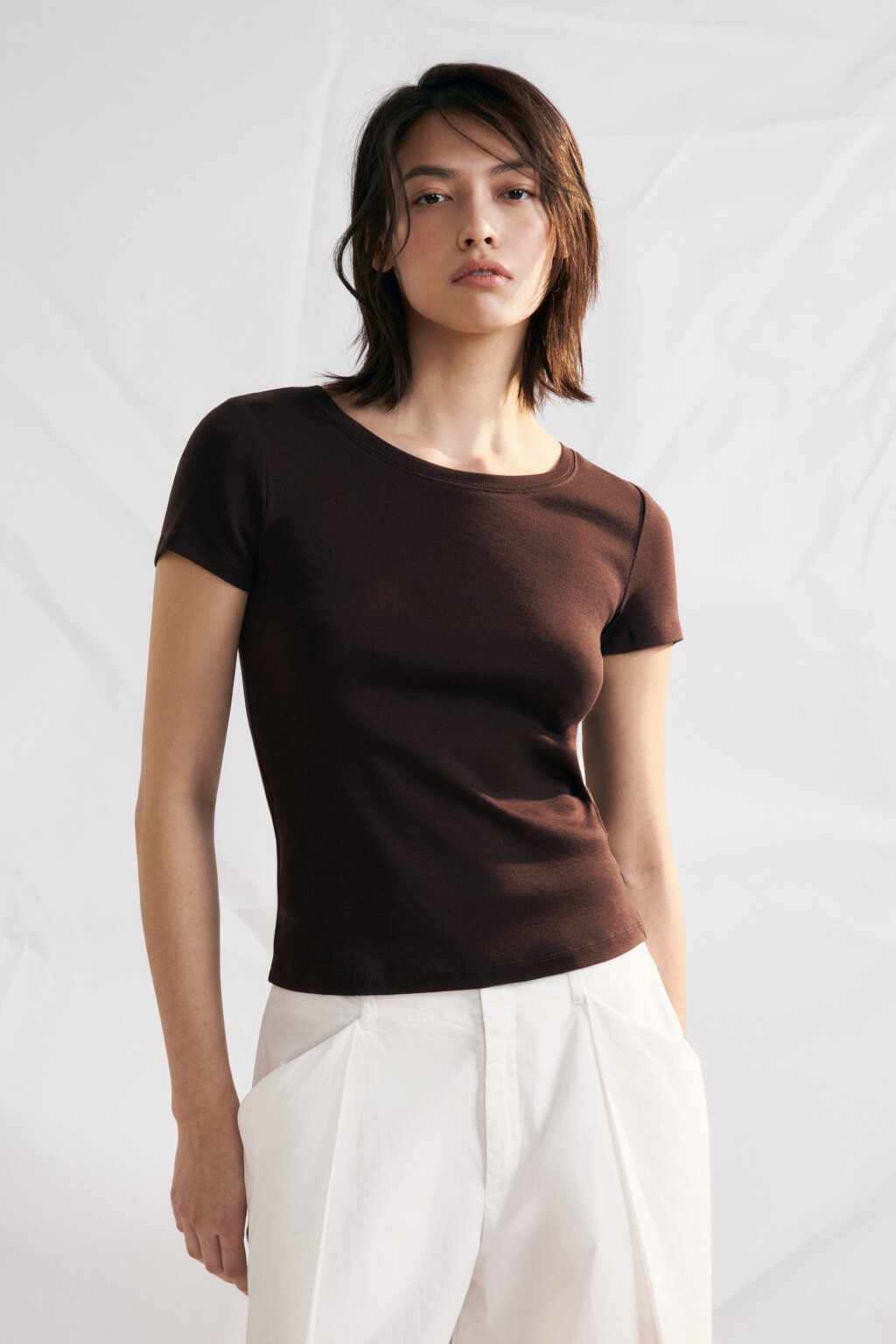 Футболка облегающая хлопковая базовая - цвет коричневый - 2