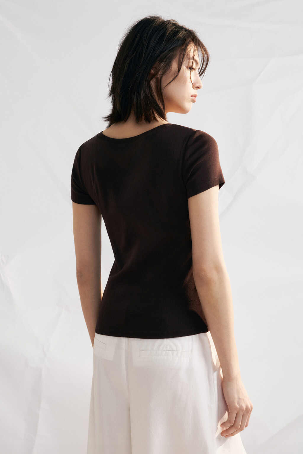 Футболка облегающая хлопковая базовая - цвет коричневый - 3