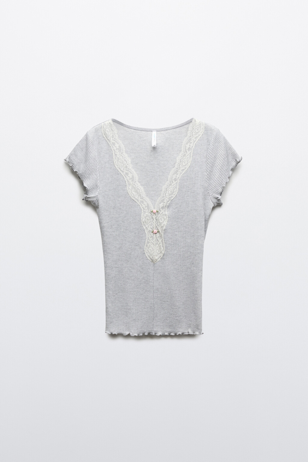 Блузка-топ облегающая в рубчик с кружевом - цвет серый - 7