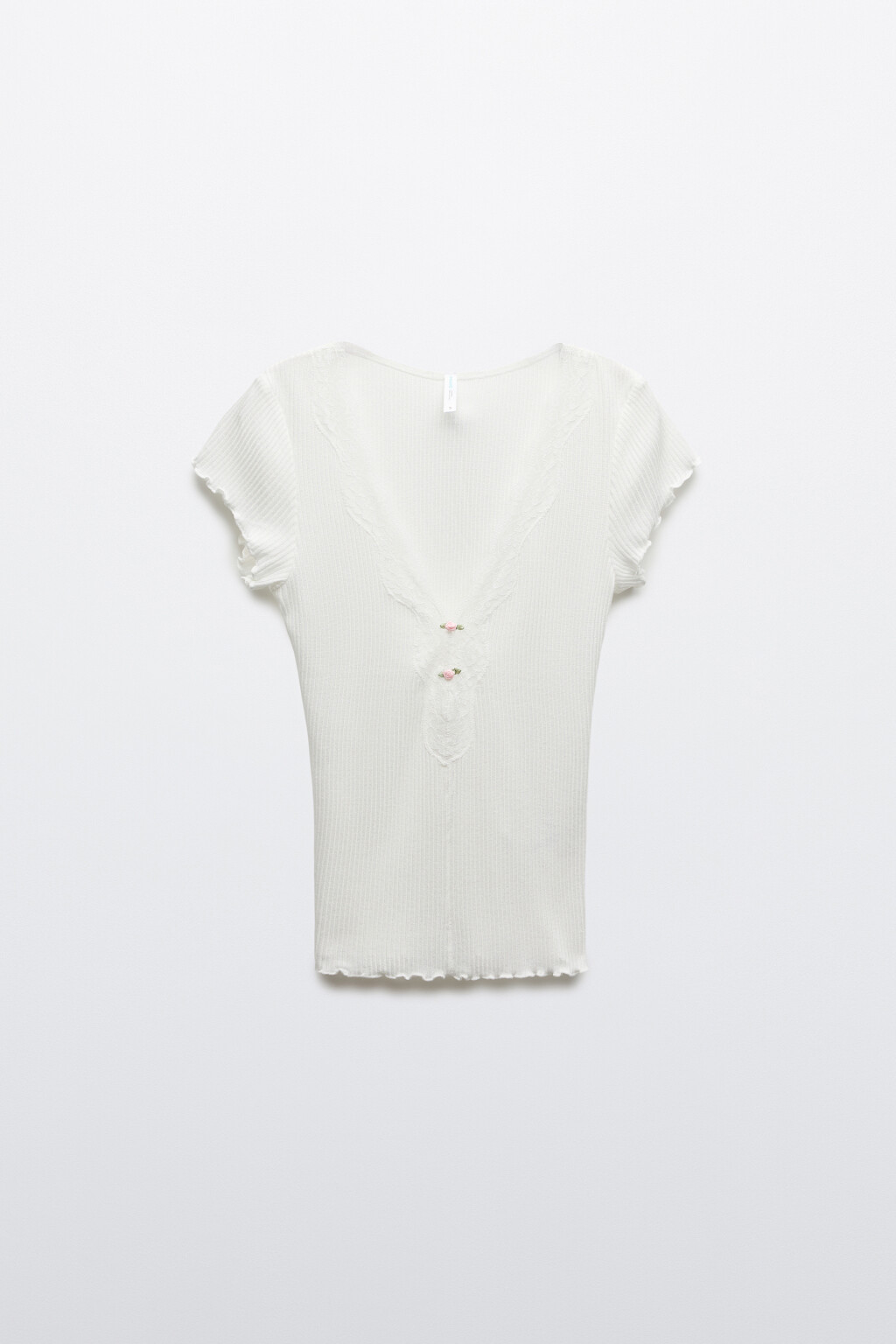 Блузка-топ облегающая в рубчик с кружевом - цвет молочный - 7