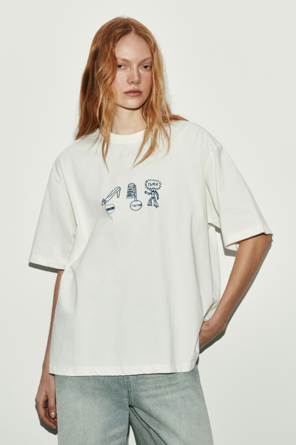 Футболка оверсайз хлопковая с принтом - цвет бежевый - 3