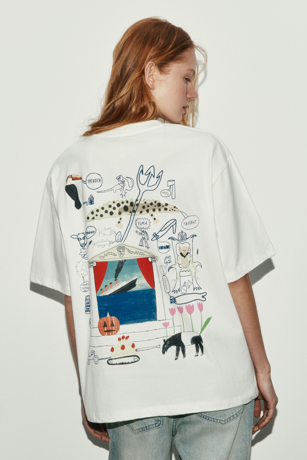 Футболка оверсайз хлопковая с принтом - цвет бежевый - 4