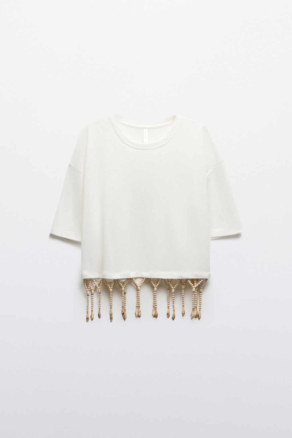 Футболка укороченная хлопковая с бусинами по низу - цвет белый - 8