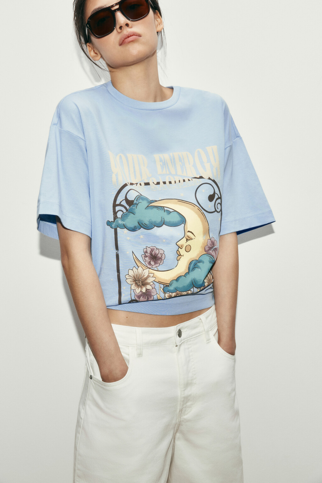 Футболка хлопковая оверсайз с принтом - цвет голубой - 1