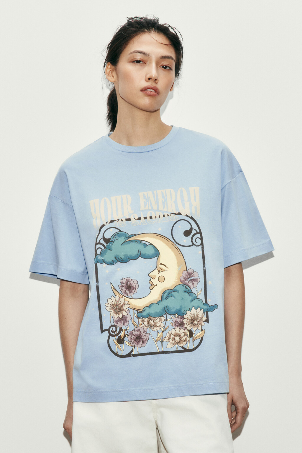 Футболка хлопковая оверсайз с принтом - цвет голубой - 2