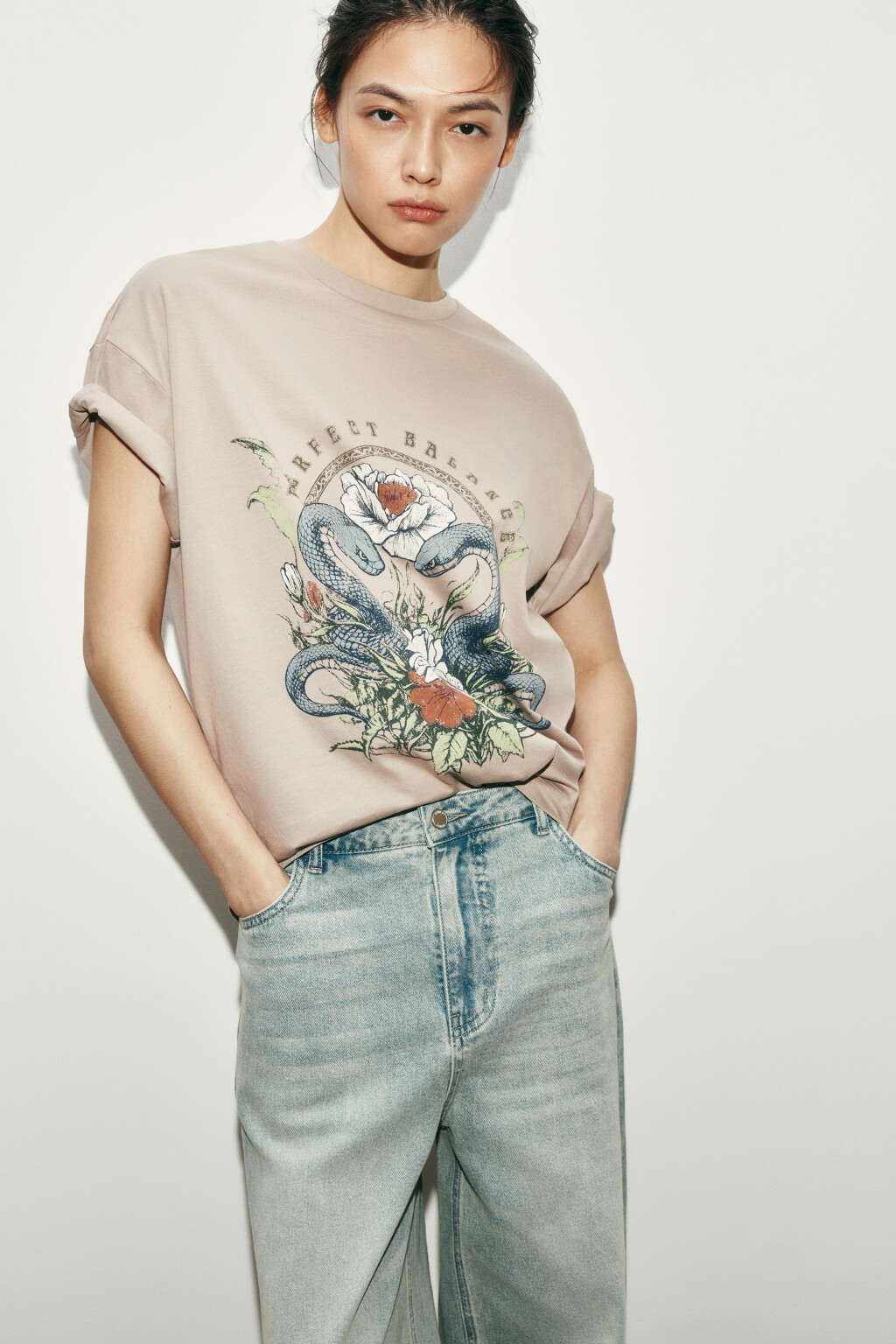 Футболка хлопковая оверсайз с принтом - цвет бежевый - 1