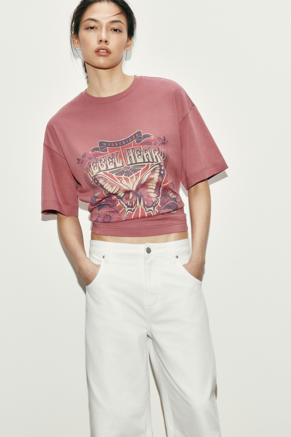 Футболка хлопковая оверсайз с принтом - цвет розовый - 1