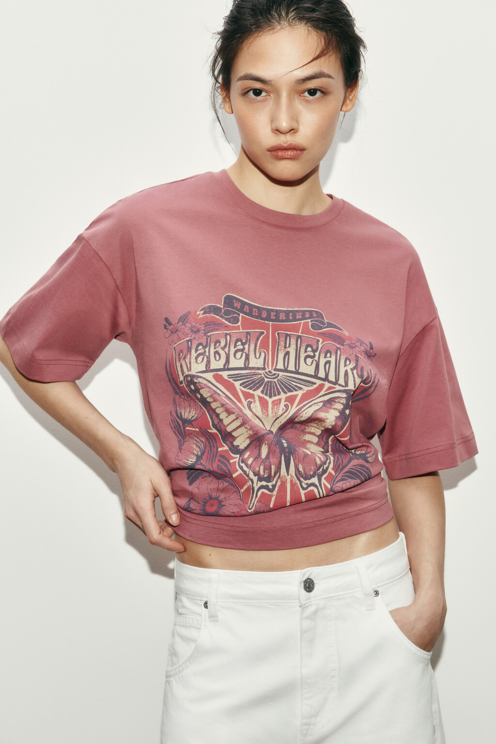 Футболка хлопковая оверсайз с принтом - цвет розовый - 2