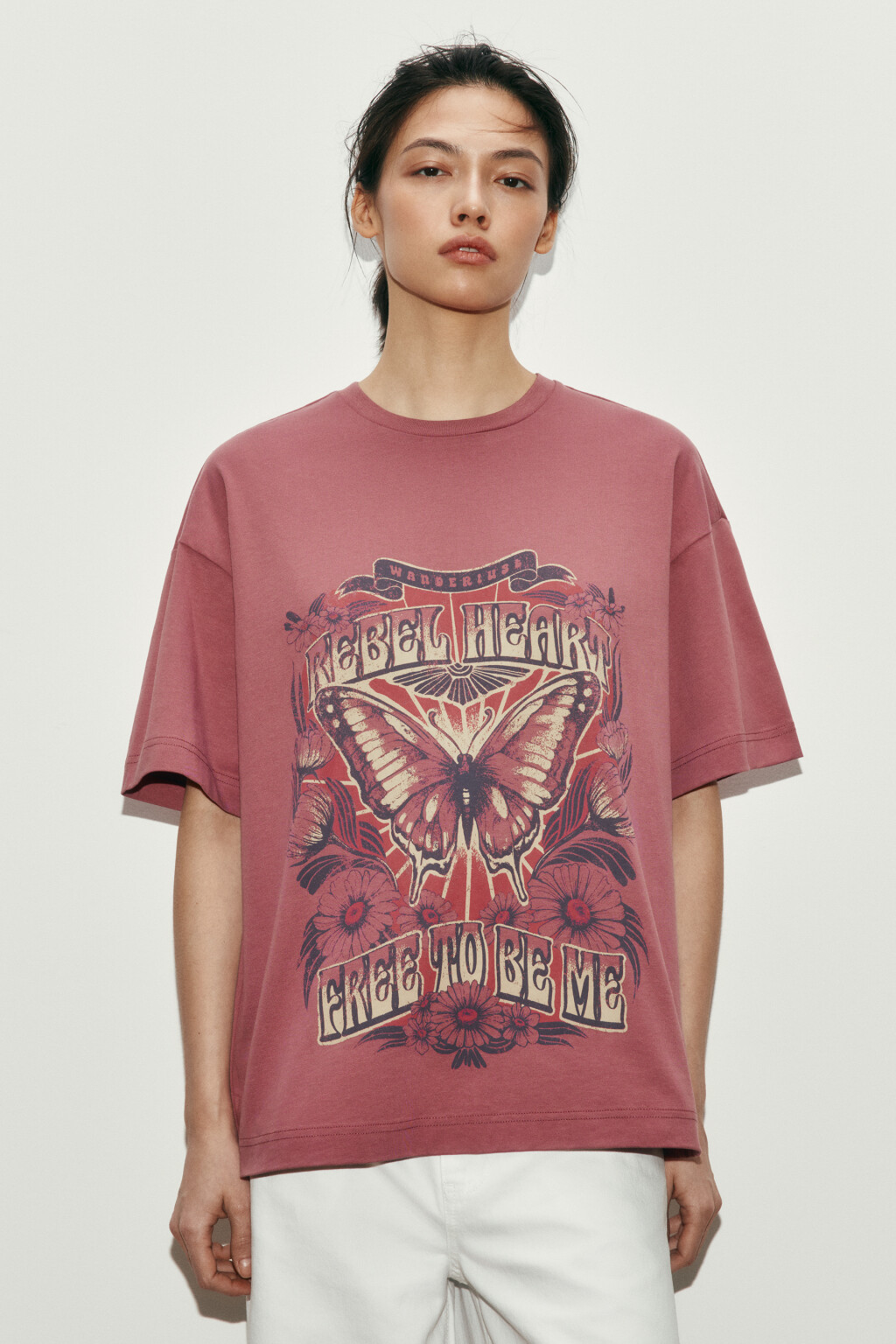 Футболка хлопковая оверсайз с принтом - цвет розовый - 3