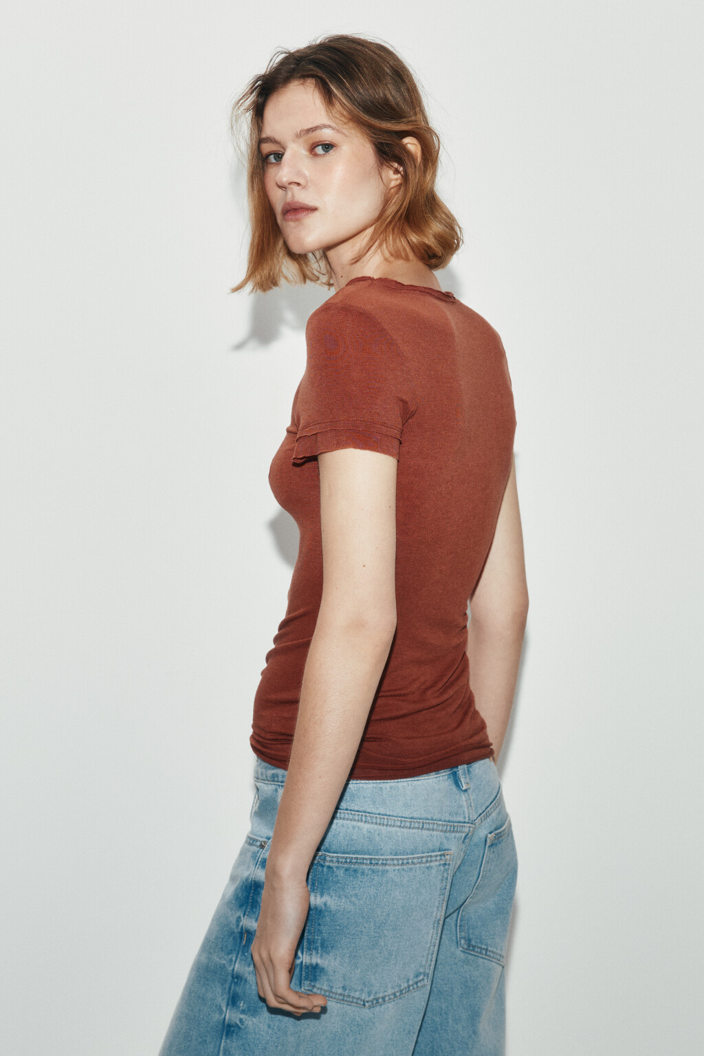 Футболка облегающая из лиоцелла с шерстью - цвет красный - 3