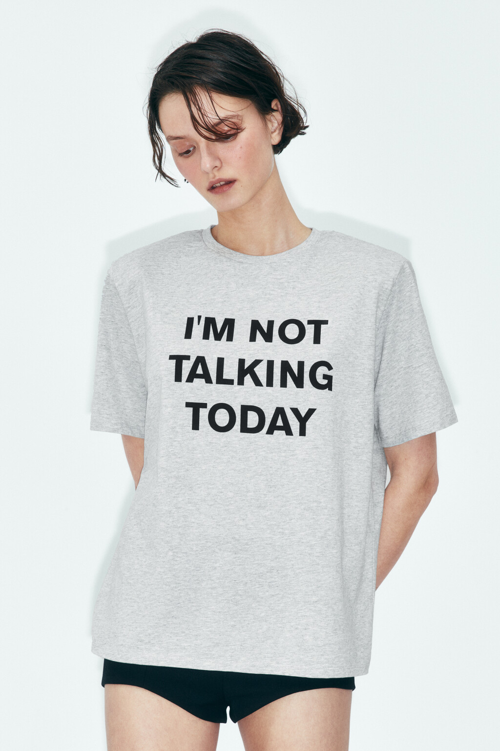 Футболка-топ хлопковая с принтом и подплечниками - цвет серый - 3