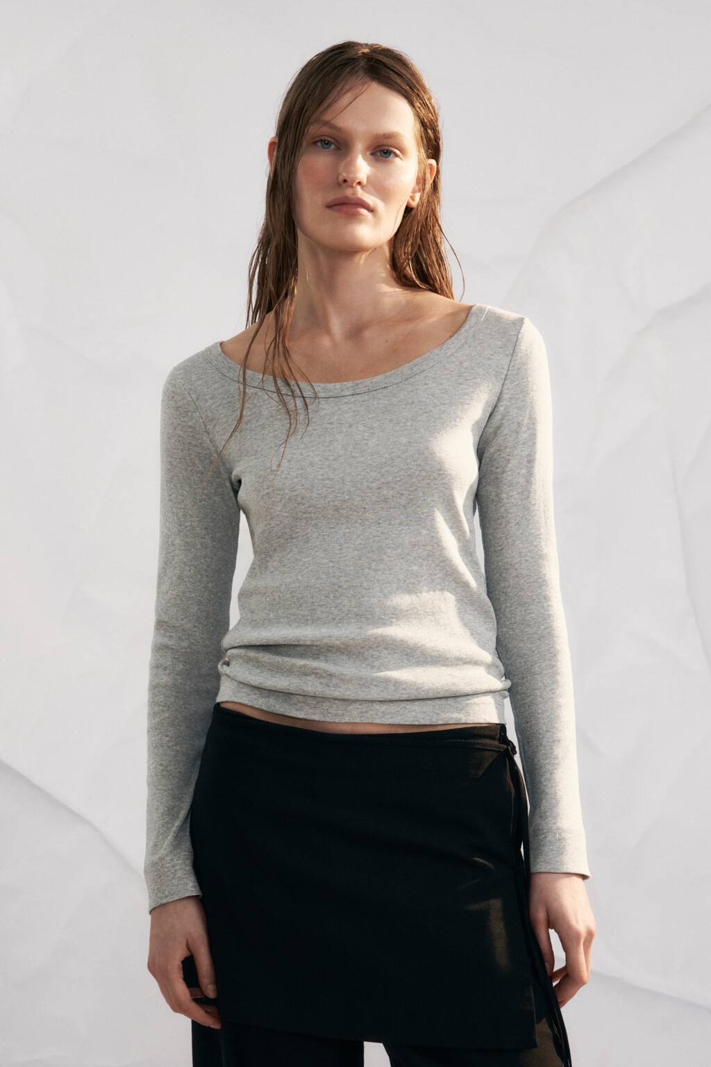 Лонгслив хлопковый облегающий базовый - цвет серый - 2