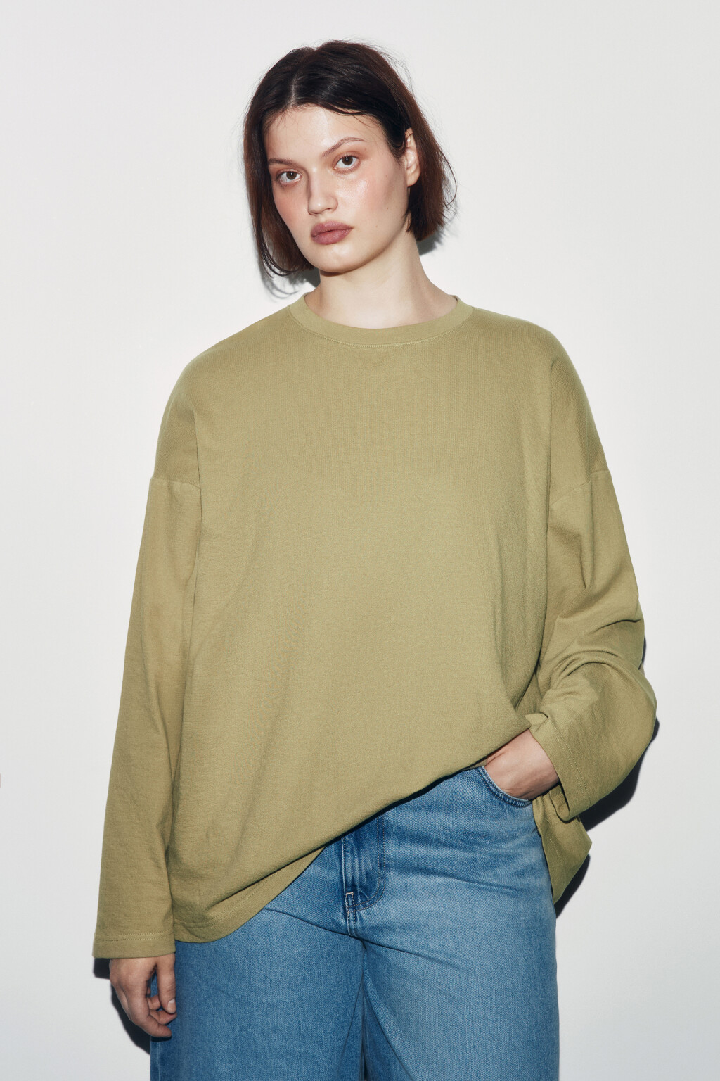 Лонгслив хлопковый базовый - цвет зеленый - 2