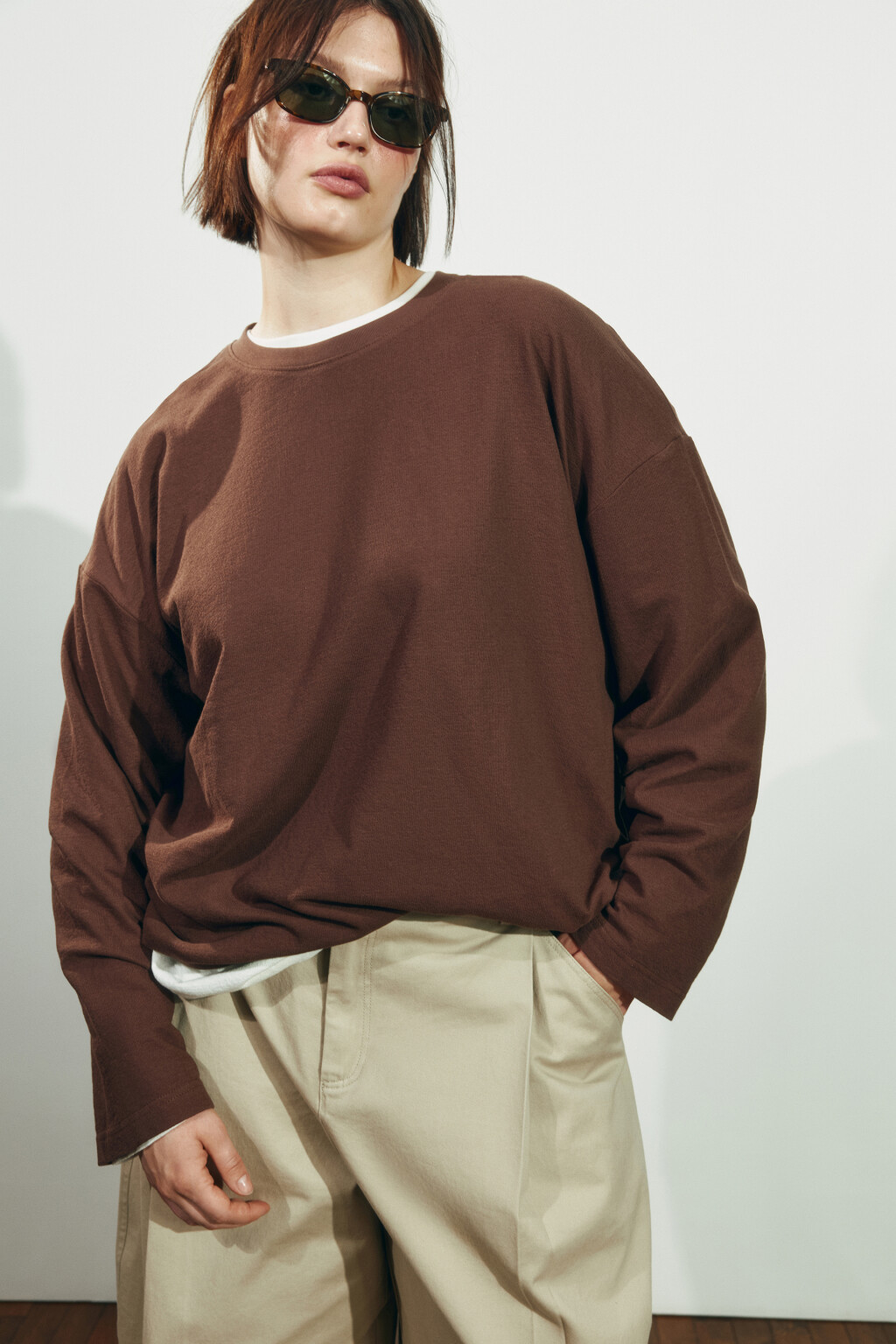 Лонгслив хлопковый базовый - цвет коричневый - 1