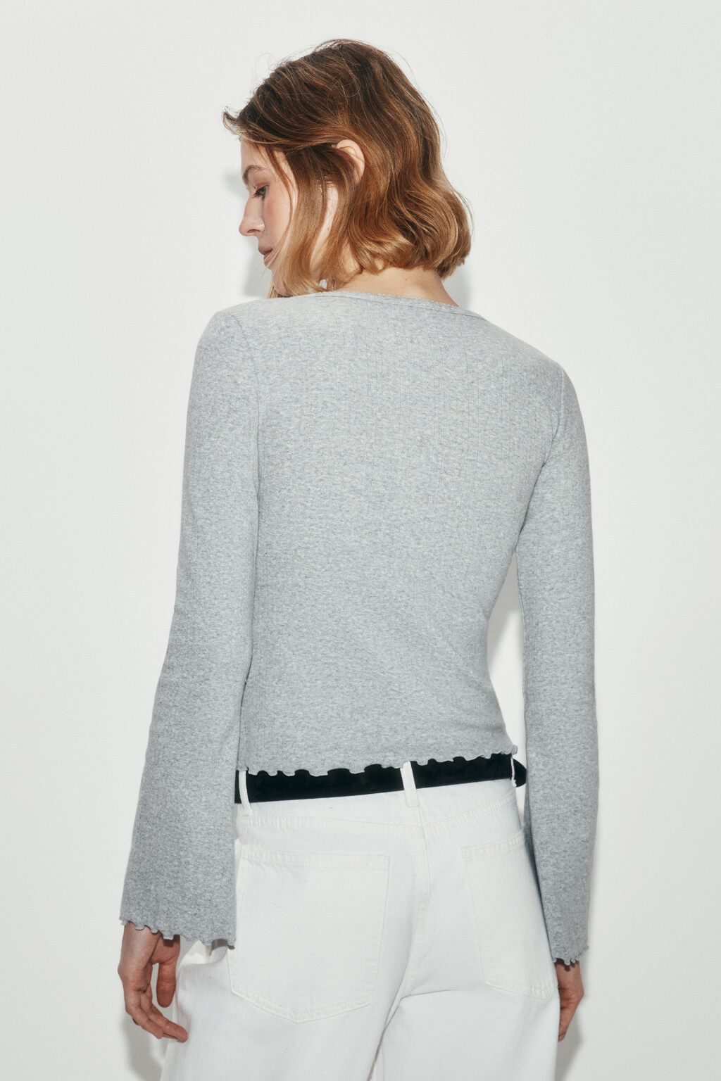 Лонгслив хлопковый на пуговицах с волнистыми краями - цвет серый - 3