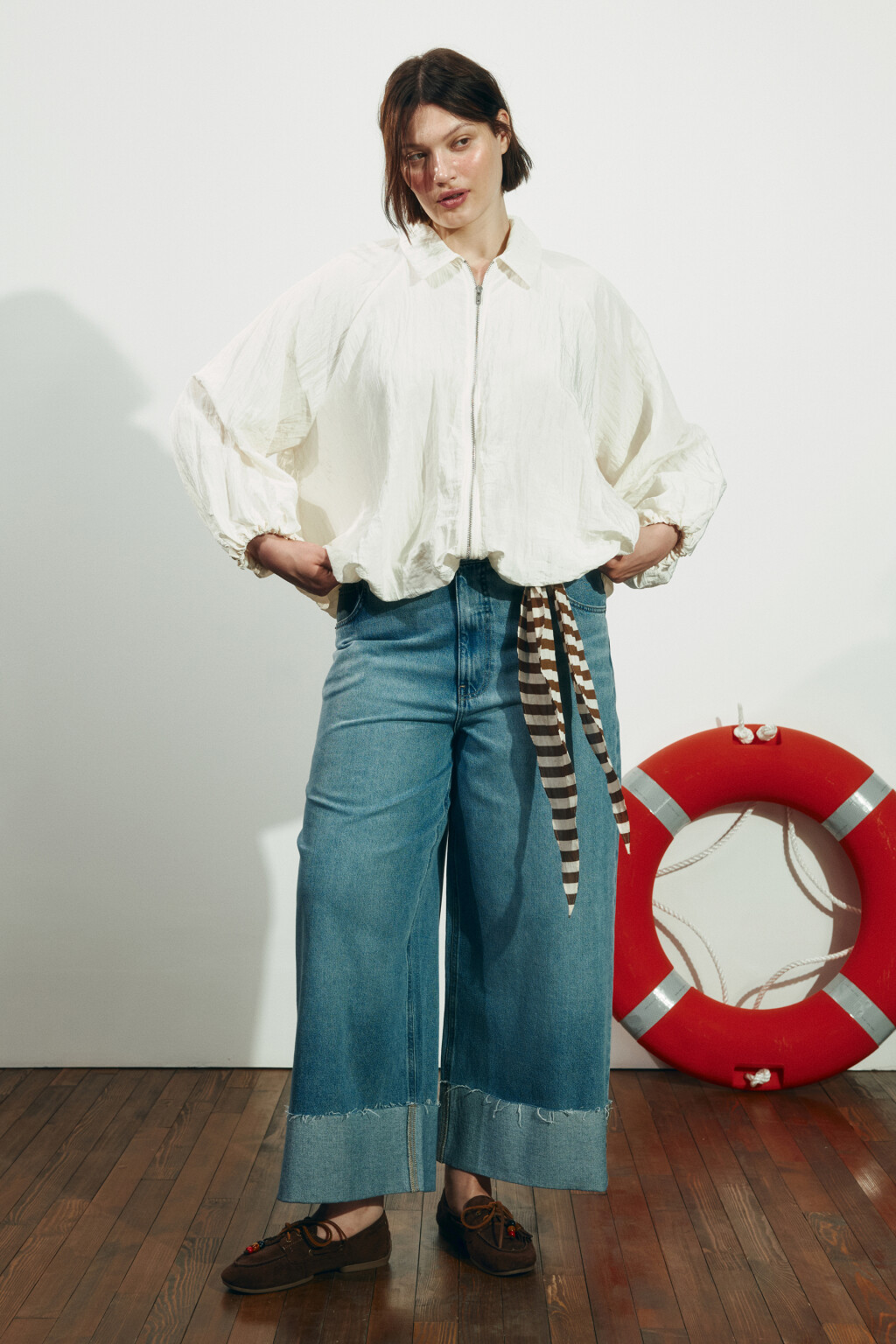 Джинсы wide leg с высокой посадкой укороченные - цвет голубой - 4