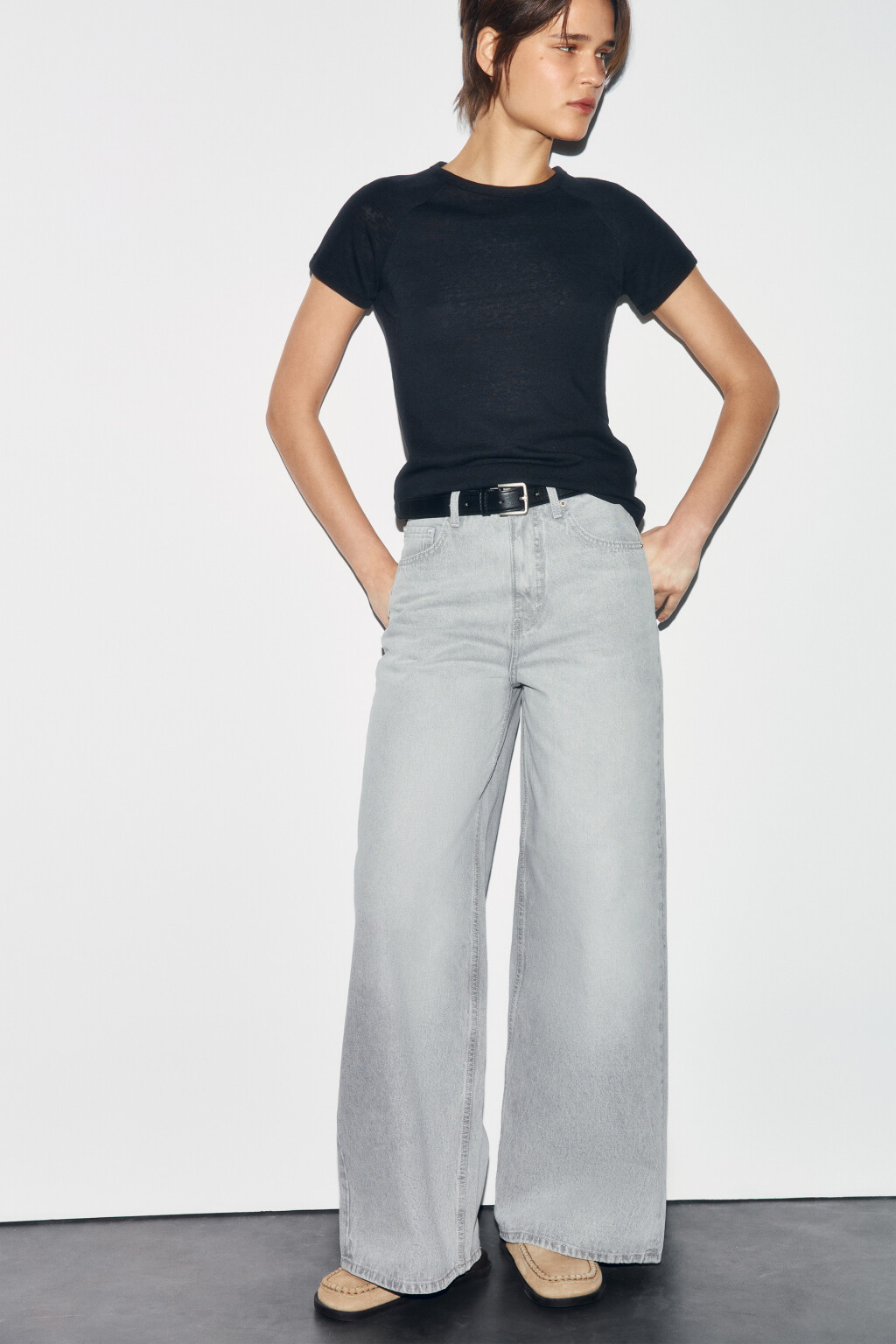 Джинсы wide leg с высокой посадкой - цвет серый - 1