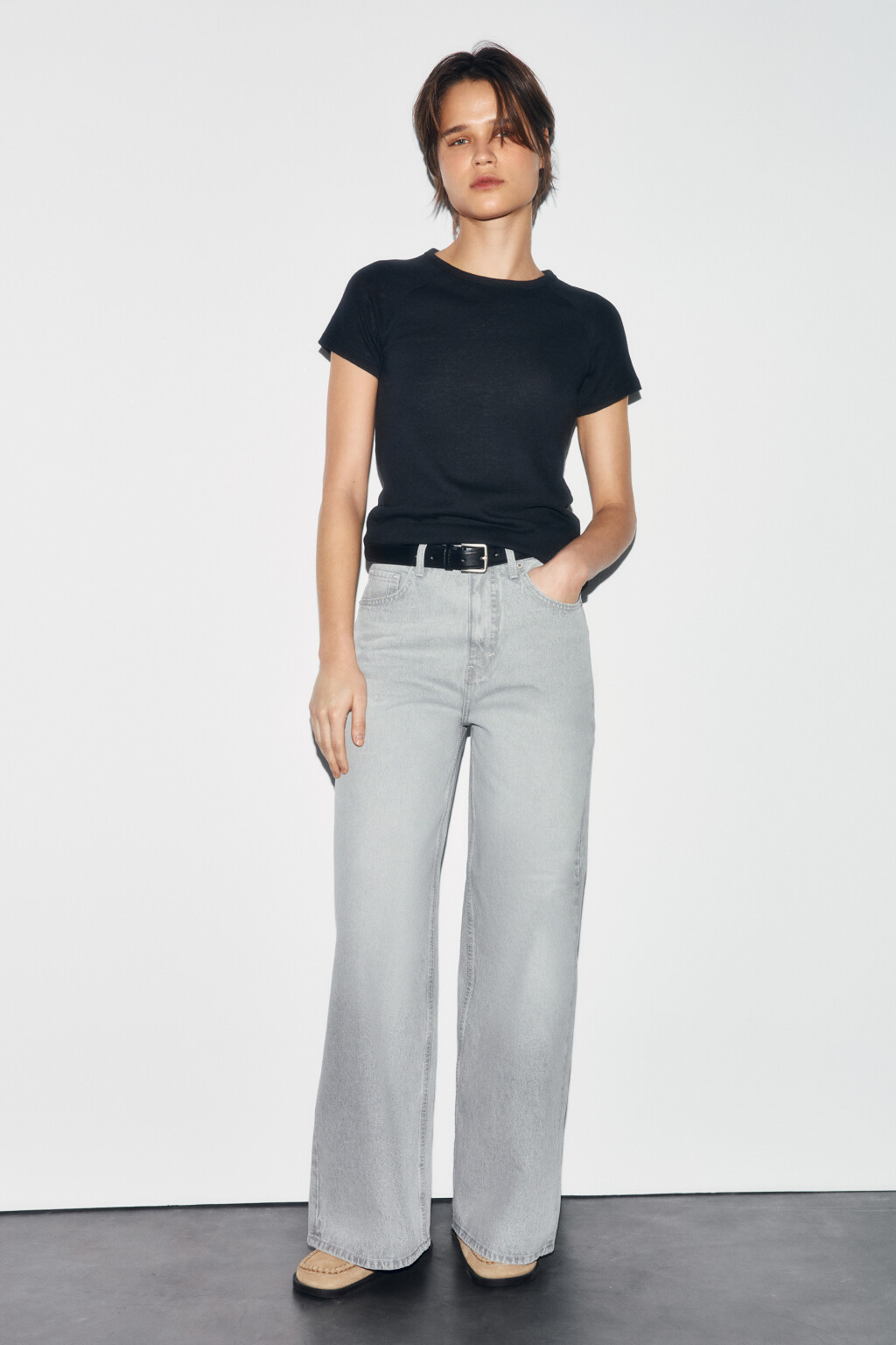 Джинсы wide leg с высокой посадкой - цвет серый - 4